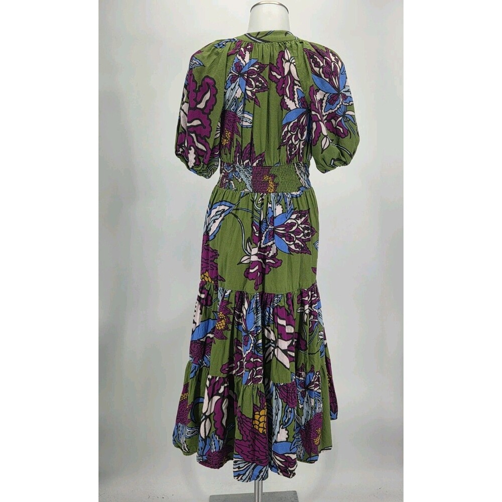 Anthropologie Conditions Apply Green Floral Puff Sleeve Midi Dress Size 2 BOHO - Picture 3 of 6